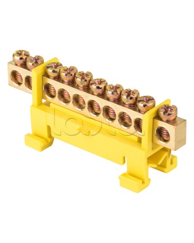 Шина 0 PE (6х9мм) 10 отверстий латунь желтый изолятор тип Стойка на DIN-рейку EKF PROxima (sn0-63-10-sy) в Махачкале Клеммные колодки Pintop.ru