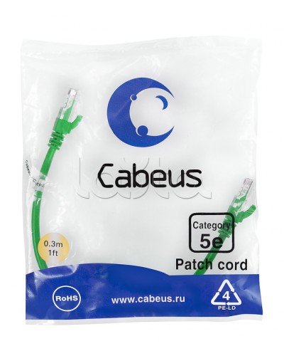 Патч-корд UTP, категория 5e, 0.3 м, неэкранированный, зеленый Cabeus PC-UTP-RJ45-Cat.5e-0.3m-GN в Махачкале Патчкорды (медные) Pintop.ru