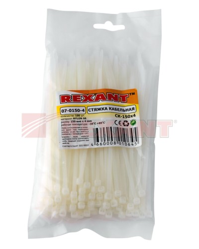 Хомут-стяжка нейлоновый 4х150 мм белый (100шт/уп) REXANT 07-0150-4 в Махачкале Стяжки-хомуты Pintop.ru